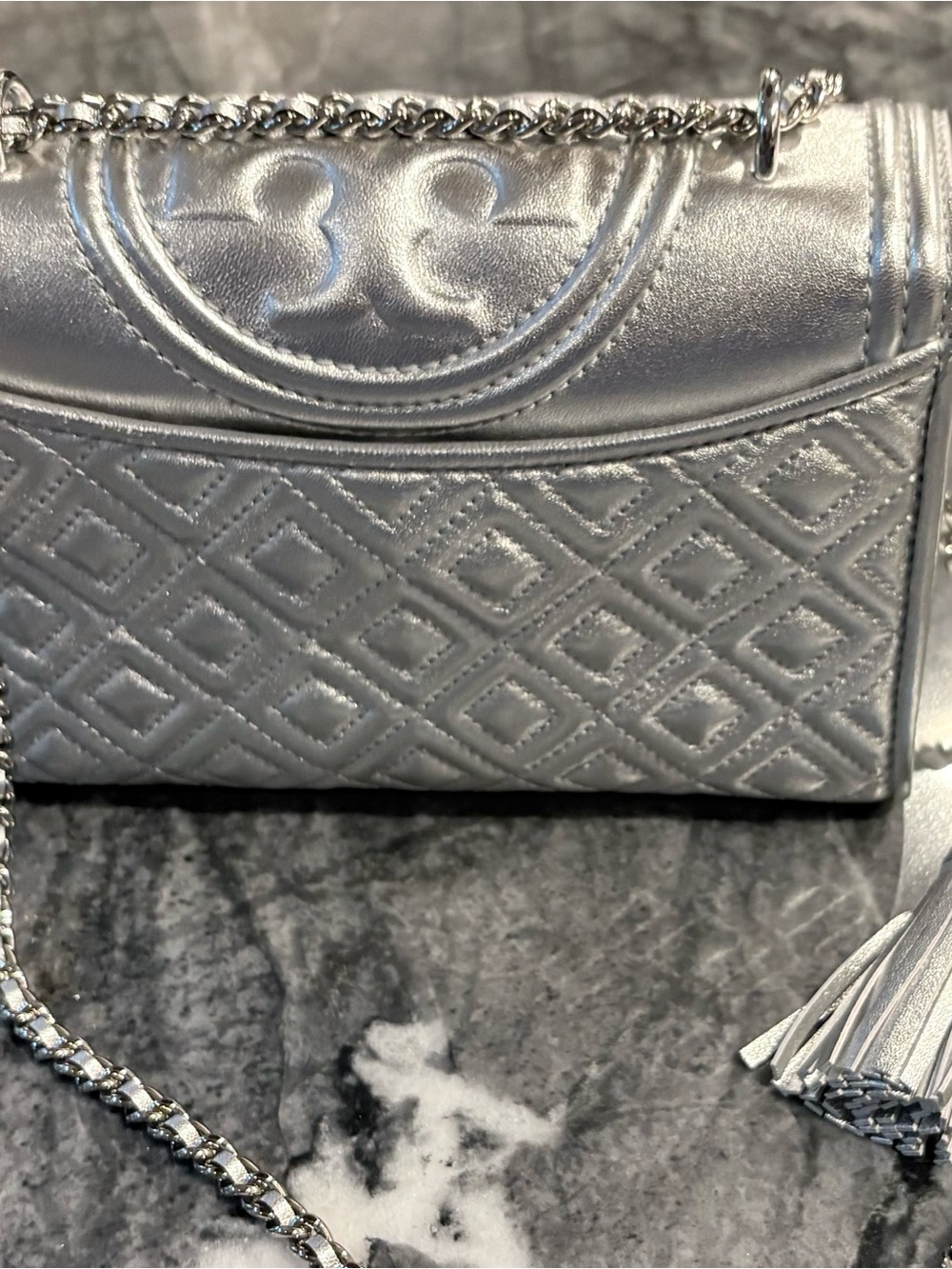 Tory Burch Metallic Silver Quilted Chain Crossbody with Tassel